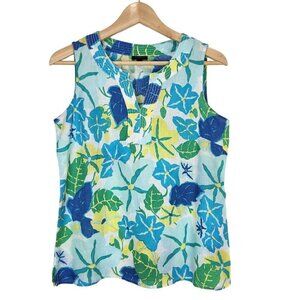 Talbots Sleeveless Floral Linen Blouse Size XS Blue‎ Yellow Notch Collar